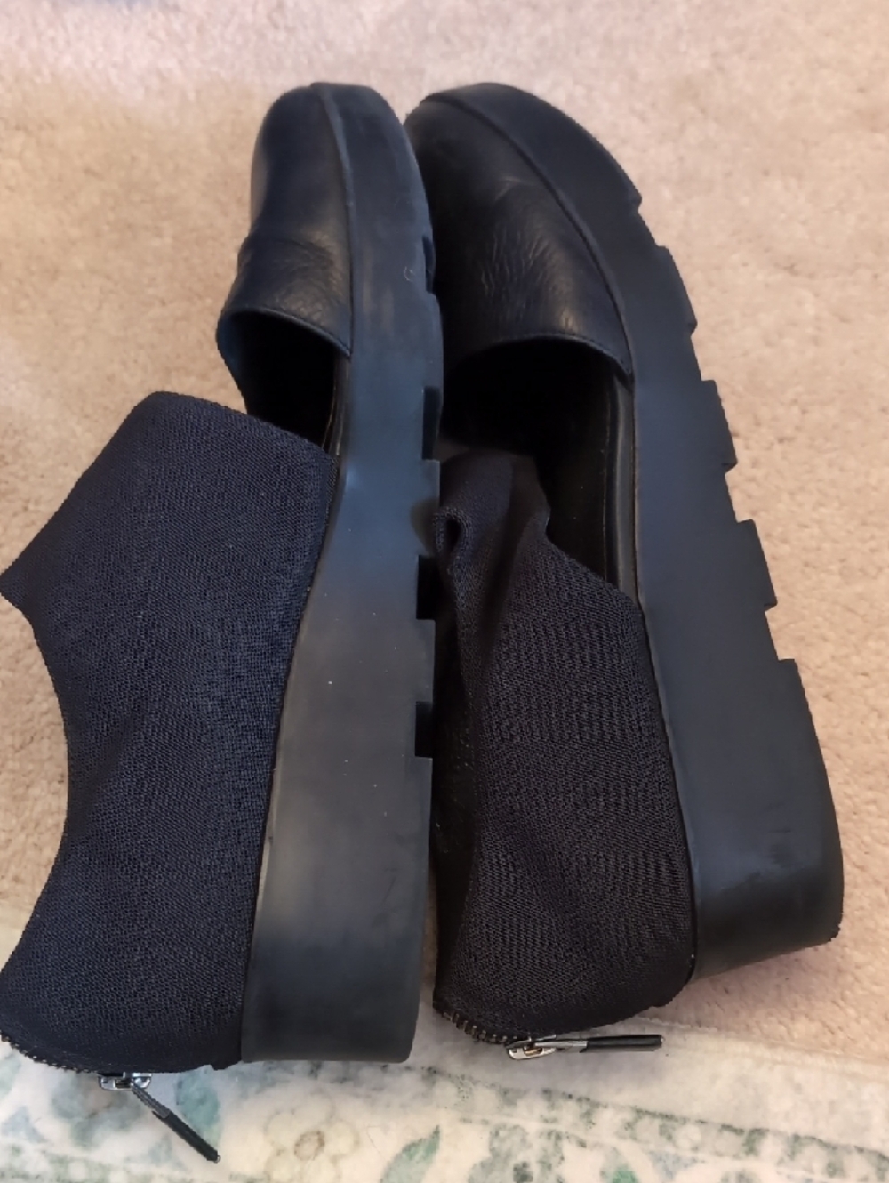 Eileen Fisher Black Leather and Fabric Pointed Toe Flats with Ankle Wrap - Picture 4 of 5